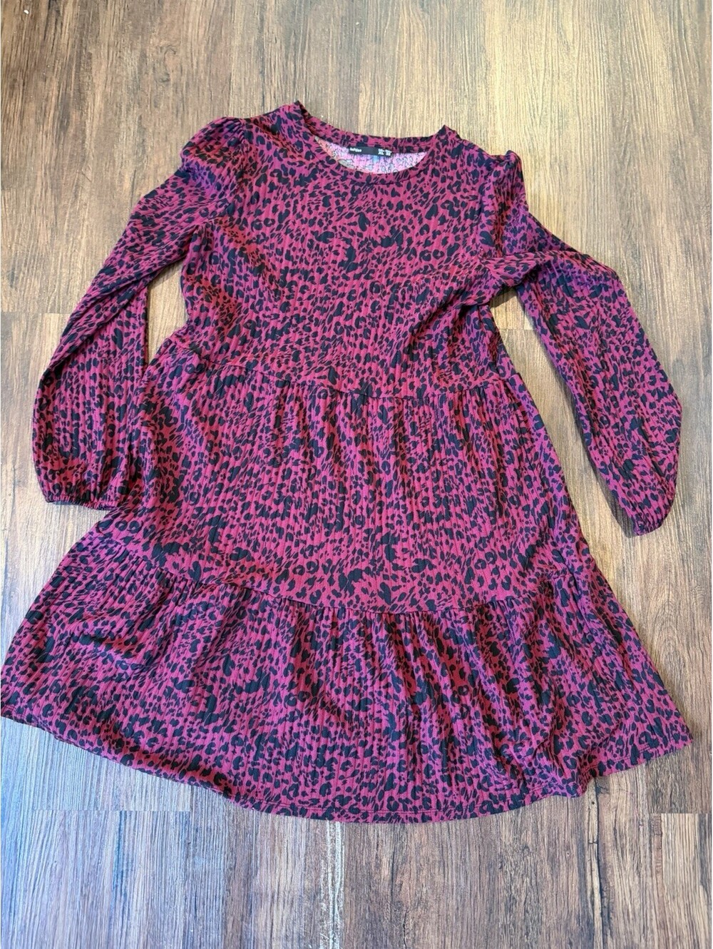 Lefties Women’s Leopard Print Tiered Mini Dress Burgundy Black XL 32 Stretch